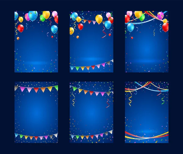 Set Van Verticale Poster Met Kleurrijke Ballonnen Confetti Streamers Donkere — Stockvector