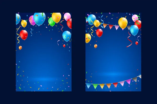 Ensemble Affiches Verticales Avec Ballons Colorés Confettis Streamers Sur Fond — Image vectorielle