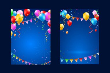 Renkli Balonlar, Konfeti ve Karanlık Arkaplanda Flamalar olan Mutlu Yıllar Dikey Posteri seti. İzole Vektör Elementleri