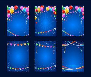 Renkli Balonlar, Konfeti ve Karanlık Arkaplanda Flamalar olan Mutlu Yıllar Dikey Posteri seti. İzole Vektör Elementleri