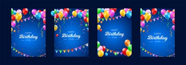 Renkli Balonlar, Konfeti ve Karanlık Arkaplanda Flamalar olan Mutlu Yıllar Dikey Posteri seti. İzole Vektör Elementleri