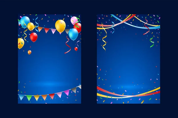 Ensemble Affiches Verticales Joyeux Anniversaire Avec Ballons Colorés Confettis Streamers — Image vectorielle