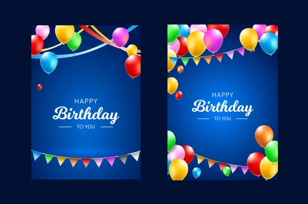Set Happy Birthday Vertical Poster Colorful Balloons Confetti Streamers Dark — стоковый вектор
