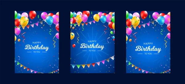 Set Happy Birthday Vertical Poster Colorful Balloons Confetti Streamers Dark — Stock Vector