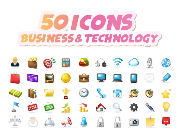 Set Realistic Cute Business Technological Icons White Background Dalam Bahasa - Stok Vektor