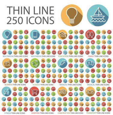 Beyaz Arkaplanda Dairesel Renkli Düğmeler Üzerine Evrensel Düz Düz Minimalist İnce Satır Simgeleri.