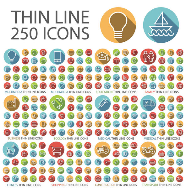 Набор универсальных плоских минималистичных элегантных стандартных тонких линий икон на круглых цветных кнопках на белом фоне.