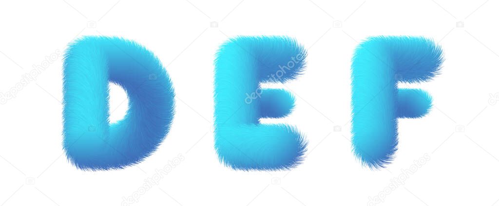 Set of High Quality 3D Shaggy Letter D E F on White Background . Isolated Vector Element