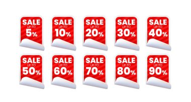 Beyaz Arkaplanda 3D Gerçekçi Yüksek Kalite Kırmızı Etiketler. İzole Vektör Elementleri