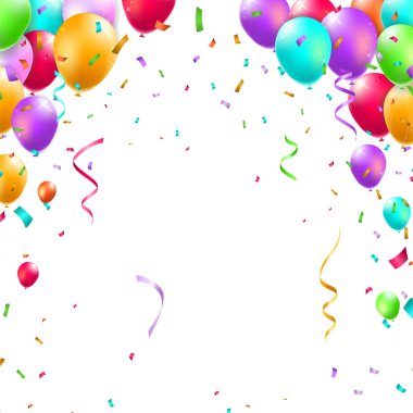 Balonlu doğum günü kartı, Confetti ve Curling Streamer veya Party Serpentine. İzole Vektör İllüstrasyonu