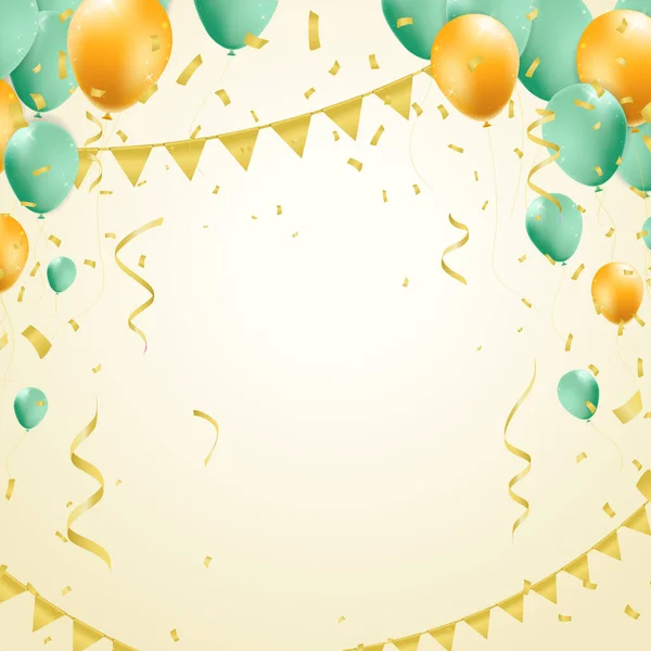Tarjeta Cumpleaños Con Globos Confetti Curling Streamer Party Serpentine Ilustración — Vector de stock