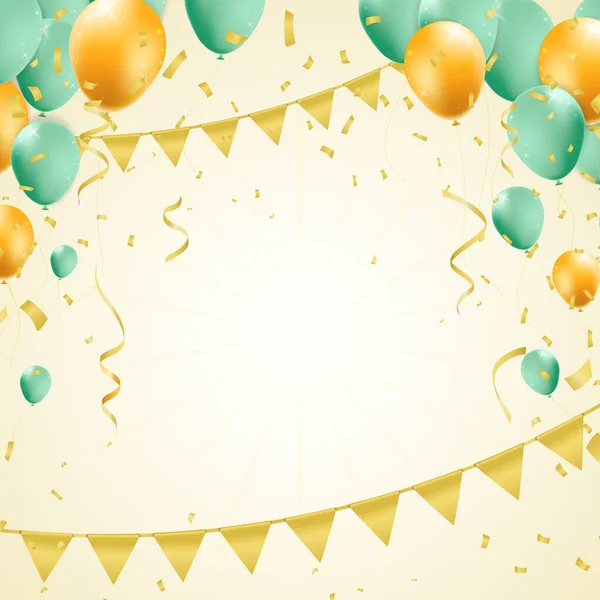 Cartão Aniversário Com Balões Confetti Fluxo Curling Serpentina Festa Ilustração —  Vetores de Stock