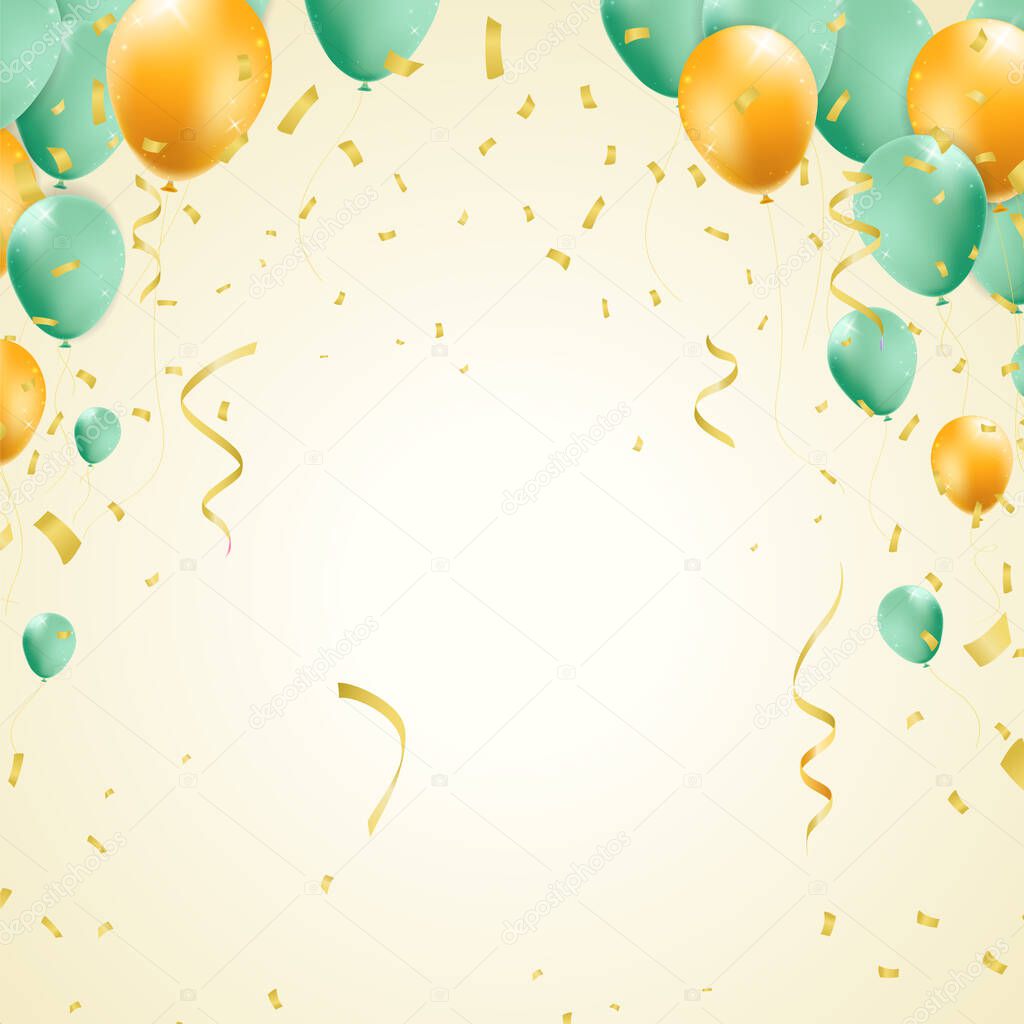 Birthday Card with Balloons , Confetti and Curling Streamer or Party Serpentine . Isolated Vector Illustration