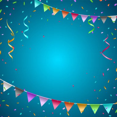 Balonlu doğum günü kartı, Confetti ve Curling Streamer veya Party Serpentine. İzole Vektör İllüstrasyonu