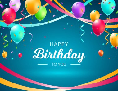 Balonlu doğum günü kartı, Confetti ve Curling Streamer veya Party Serpentine. İzole Vektör İllüstrasyonu