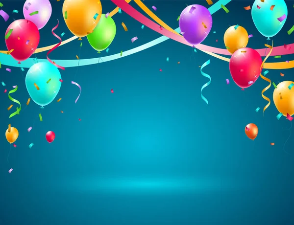 Carte Anniversaire Avec Ballons Confettis Curling Streamer Party Serpentine Illustration — Image vectorielle