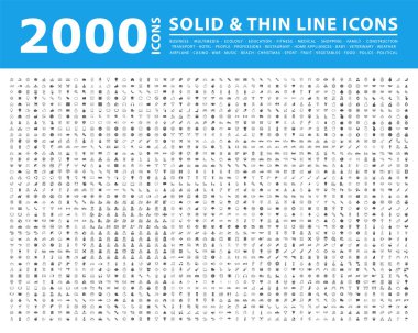 2000 Yüksek Kalite İnce Çizgi ve Katı Simgeler. İzole Vektör Elementleri