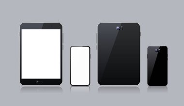 Beyaz Arkaplanda Gerçekçi Elektronik Aygıtlar. Boş Ekranlı Tablet ve Akıllı Telefon. İzole Vektör Elementleri