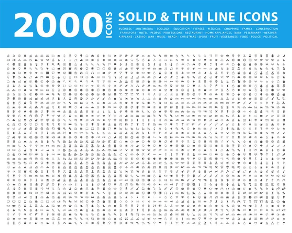 Ensemble 2000 Lignes Minces Haute Qualité Icônes Solides Éléments Vectoriels — Image vectorielle