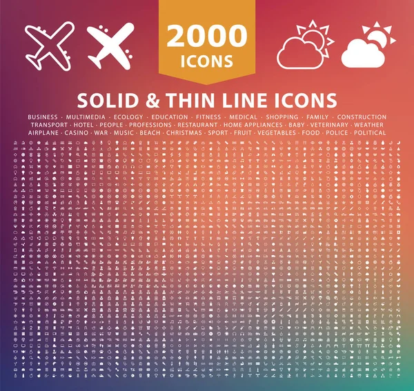 Conjunto 2000 Líneas Delgadas Alta Calidad Iconos Sólidos Elementos Vectoriales — Vector de stock