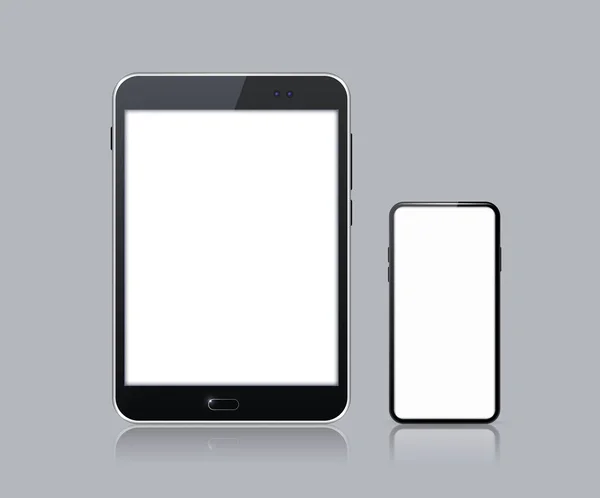 白い背景の現実的な電子機器 空の画面でタブレットやスマートフォン 絶縁ベクトル要素 — ストックベクタ