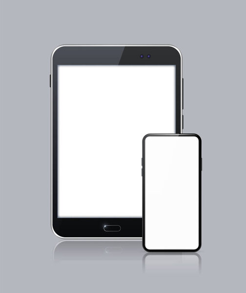 Realistic Electronic Devices on White Background. Tablet and Smartphone with Empty Screen . Isolated Vector Elements