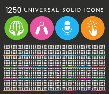 1250 Yüksek Kaliteli Katı Simgeler. İzole Vektör Elementleri