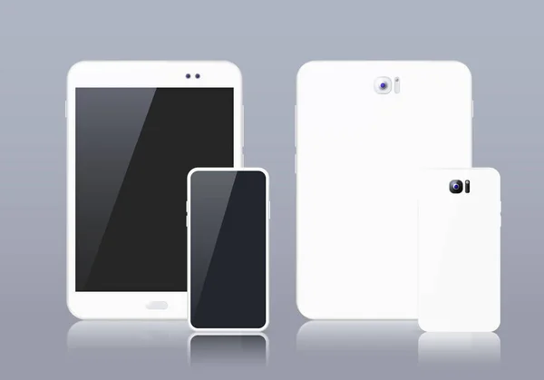 Realistiska Elektroniska Vita Enheter Grå Bakgrund Tablet Och Smartphone Med — Stock vektor