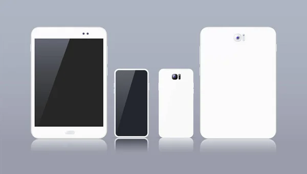 Realistic Electronic White Devices Grey Background Inglés Tableta Smartphone Con — Vector de stock