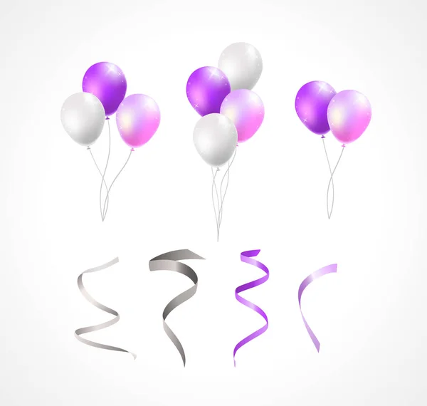 Conjunto Globos Coloridos Aislados Realistas Streamers Sobre Fondo Blanco Elementos — Archivo Imágenes Vectoriales