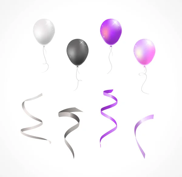 Conjunto Globos Coloridos Aislados Realistas Streamers Sobre Fondo Blanco Elementos — Archivo Imágenes Vectoriales