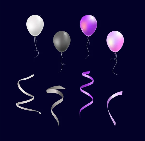 Set Van Realistische Geïsoleerde Kleurrijke Ballonnen Streamers Zwarte Achtergrond Geïsoleerde — Stockvector