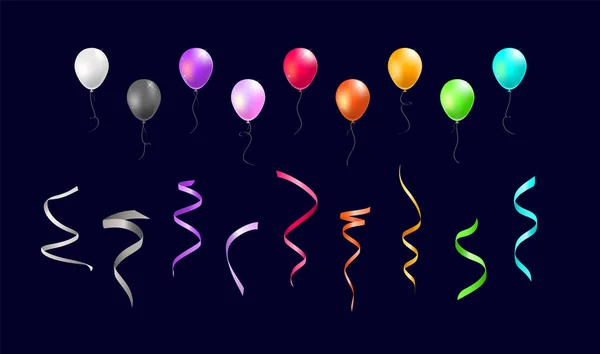 Siyah Arkaplan Gerçekçi Zole Edilmiş Renkli Balonlar Astarlar Zole Vektör — Stok Vektör