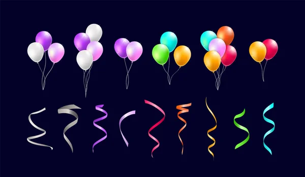 Set Palloncini Colorati Isolati Realistici Streamer Sfondo Nero Elementi Vettoriali — Vettoriale Stock