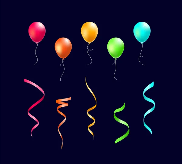 Set Van Realistische Geïsoleerde Kleurrijke Ballonnen Streamers Zwarte Achtergrond Geïsoleerde — Stockvector