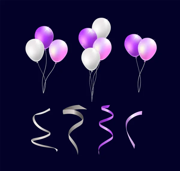 Conjunto Globos Coloridos Aislados Realistas Streamers Sobre Fondo Negro Elementos — Archivo Imágenes Vectoriales