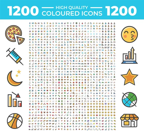 Conjunto 1200 Iconos Coloridos Sólidos Alta Calidad Sobre Fondo Blanco — Vector de stock