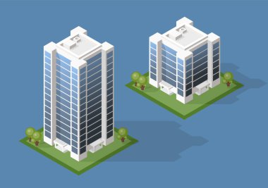 Arka planda Gölgeler olan Isometric Yüksek Kaliteli Şehir Binası. İzole Vektör Elementleri