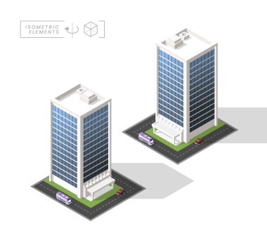 Arka planda Gölgeler olan Isometric Yüksek Kaliteli Şehir Binası. İzole Vektör Elementleri