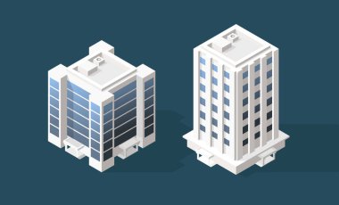 Renkli Arkaplanda Gölgeler olan Isometric Yüksek Kaliteli Şehir Binası. İzole Vektör Elementleri