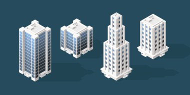 Renkli Arkaplanda Gölgeler olan Isometric Yüksek Kaliteli Şehir Binası. İzole Vektör Elementleri