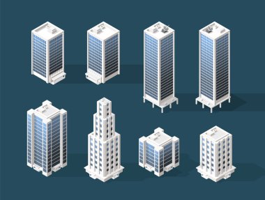 Isometric Yüksek Kaliteli Şehir Binası seti. Siyah Arkaplanda Gölgeler var. İzole Vektör Elementleri