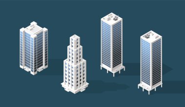 Isometric Yüksek Kaliteli Şehir Binası seti. Siyah Arkaplanda Gölgeler var. İzole Vektör Elementleri
