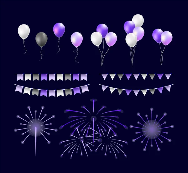 Conjunto Globos Coloridos Aislados Realistas Streamers Sobre Fondo Negro Elementos — Vector de stock