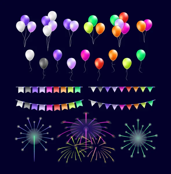 Ensemble Ballons Colorés Isolés Réalistes Streamers Sur Fond Noir Éléments — Image vectorielle