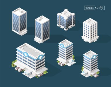 Isometric Yüksek Kaliteli Şehir Binası seti. Siyah Arkaplanda Gölgeler var. İzole Vektör Elementleri