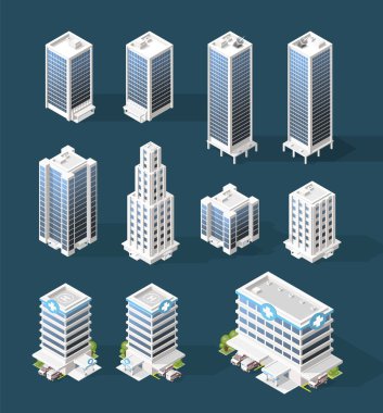 Isometric Yüksek Kaliteli Şehir Binası seti. Siyah Arkaplanda Gölgeler var. İzole Vektör Elementleri