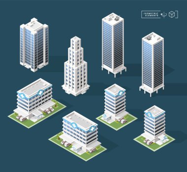 Isometric Yüksek Kaliteli Şehir Binası seti. Siyah Arkaplanda Gölgeler var. İzole Vektör Elementleri