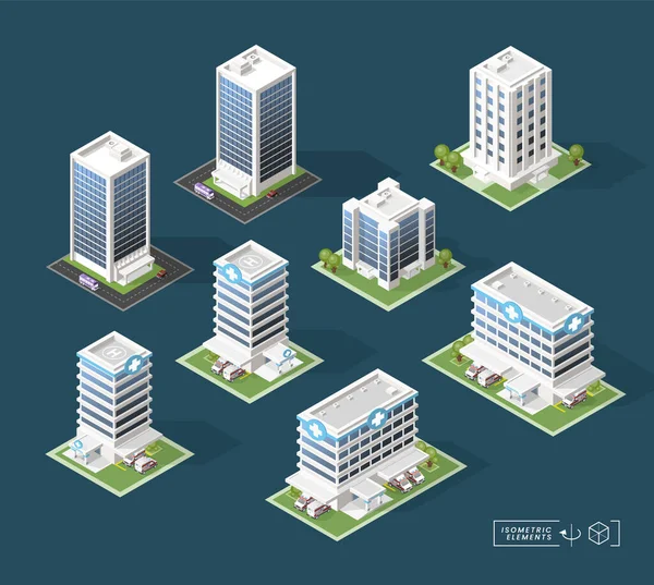 Isometric Yüksek Kaliteli Şehir Binası seti. Siyah Arkaplanda Gölgeler var. İzole Vektör Elementleri