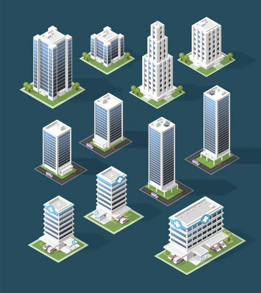 Set Isometric High Quality City Building Shadows Black Background Isolated — Stock Vector